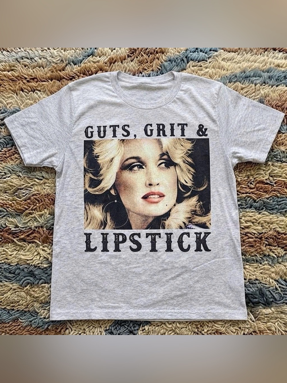 Retro Dolly Parton Music Graphic Gray Tee with Portrait "Guts, Grit & Lipstick”